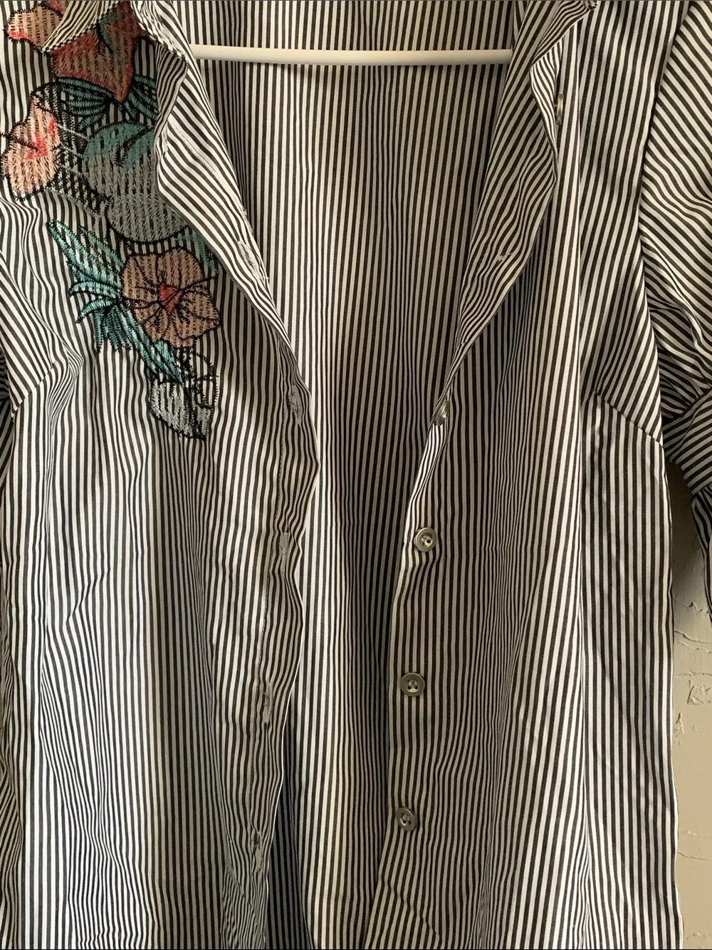 Kontrol Grey & White Striped Button Down Shirt with Floral Embroidery - Picture 7 of 11